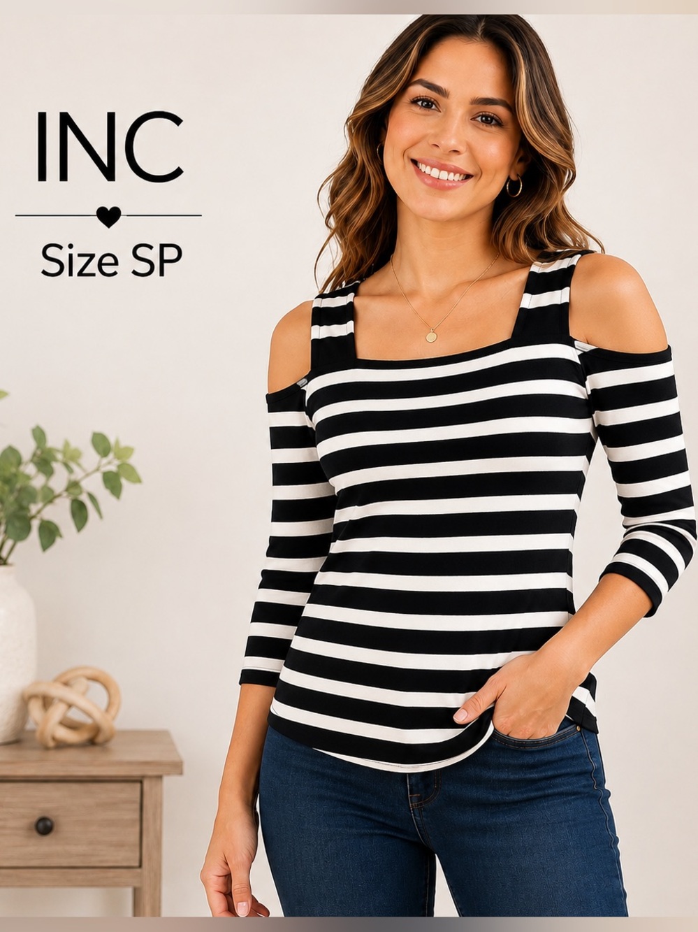 INC International Concepts black & white striped cold of shoulder top/si…